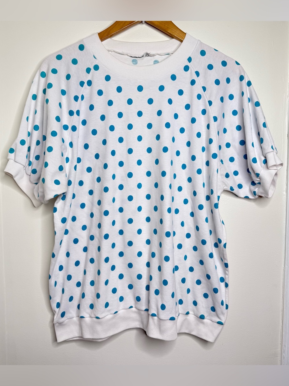 Vintage 80s Polka Dot Top Blue White No Size Approx XL/1X Banded Bottom